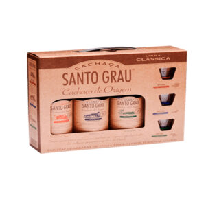 Kit Cachaça Santo Grau 3 Garrafas 375 ml cada e 3 Copos